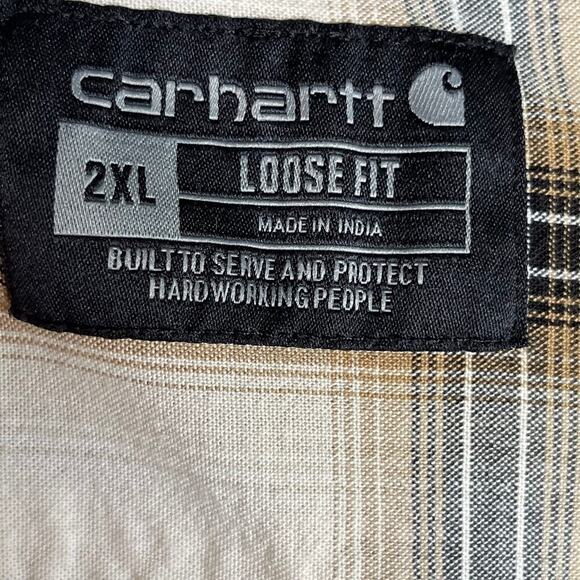 Carhartt Men's Loose Fit Tan And Brown Plaid Short Sleeve Shirt Size 2XL - Picture 7 of 10